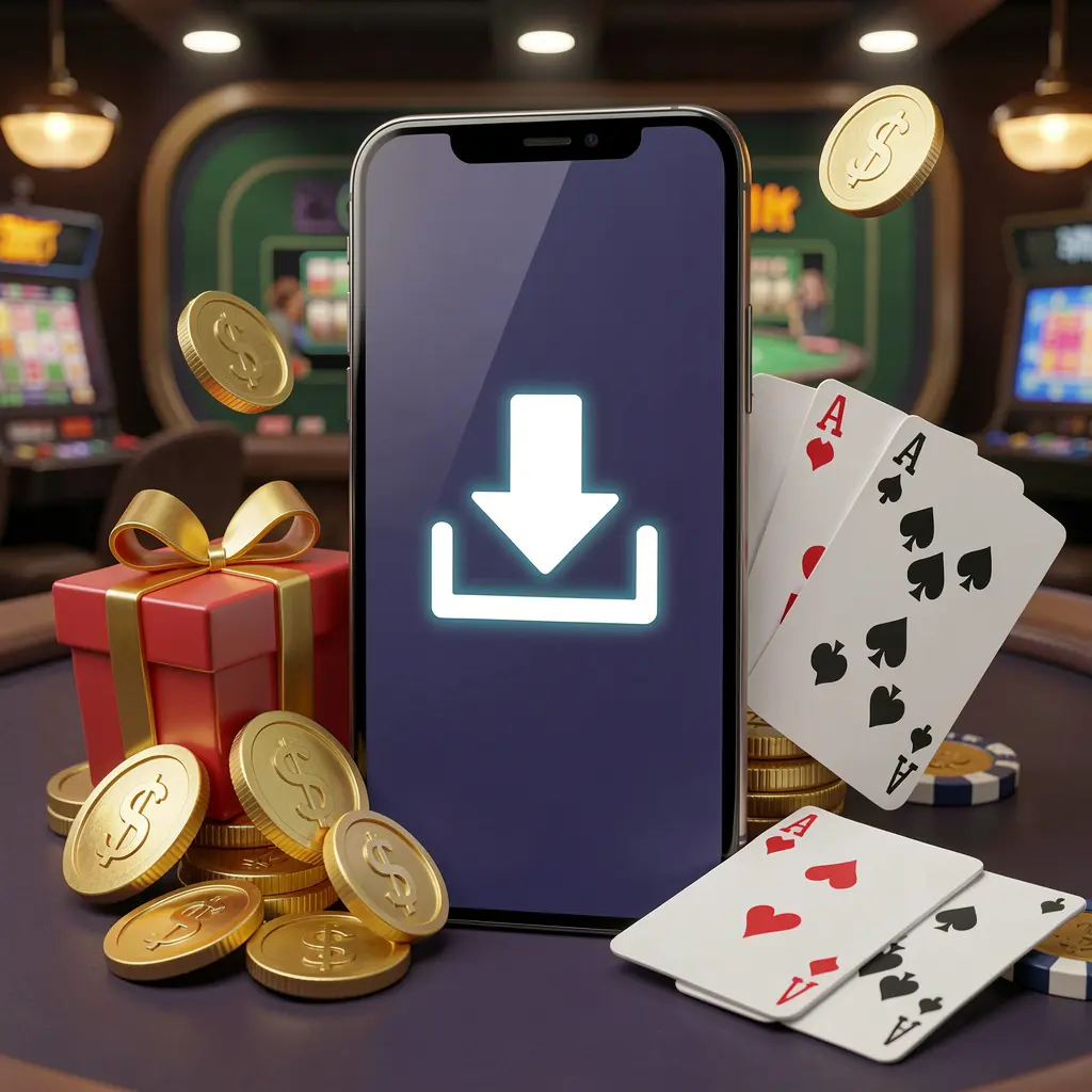TH1BD casino app download concept showing a smartphone with a download icon surrounded by golden coins, a gift box, and playing cards in a modern mobile gaming atmosphere
