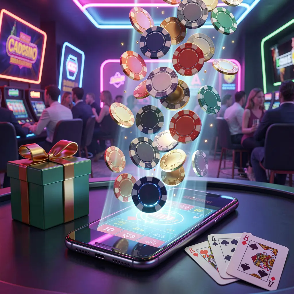 TH1BD mobile casino bonus scene with a modern smartphone displaying glowing casino chips and coins emerging from the screen, surrounded by a gift box and playing cards in a bright neon casino atmosphere