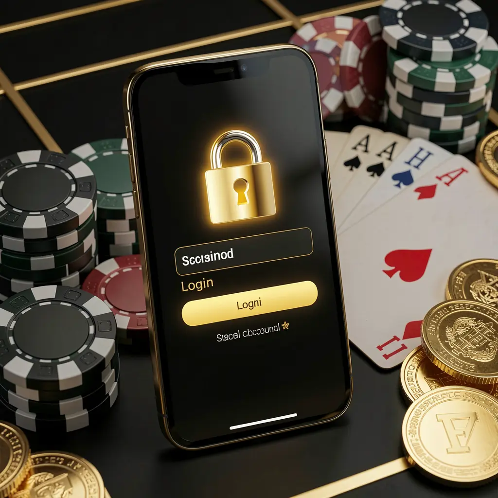 TH1BD secure casino account login concept featuring a glowing lock icon on a smartphone screen with poker chips, playing cards, and golden coins on an elegant black and gold background in a realistic 3D render