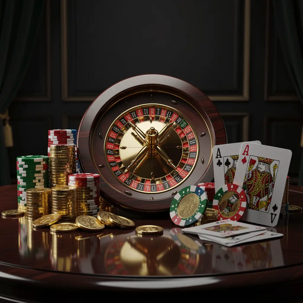 High detail 3D render of a premium online casino scene featuring golden coins, glowing chips, a roulette wheel, and cards on a glossy table with an elegant dark background, showcasing TH1BD's responsible gaming environment